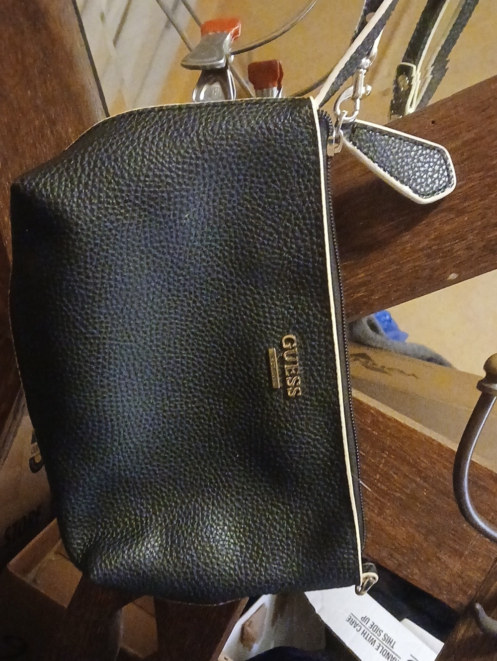 GUESS Black Pebbled Crossbody Wristlet with Gold Trim